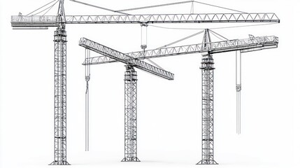 Fototapeta premium Three construction cranes on white background, ready for building, industrial project