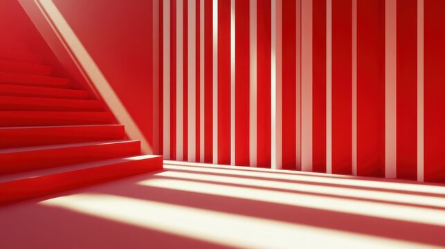 Red staircase, minimalist interior, sunlight, striped wall, product display