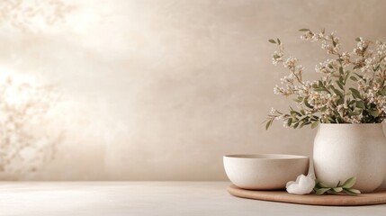 Peaceful floral arrangement, minimalist beige room, calm background, wellness website
