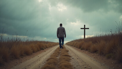 Man walking on rural road toward cross under cloudy sky