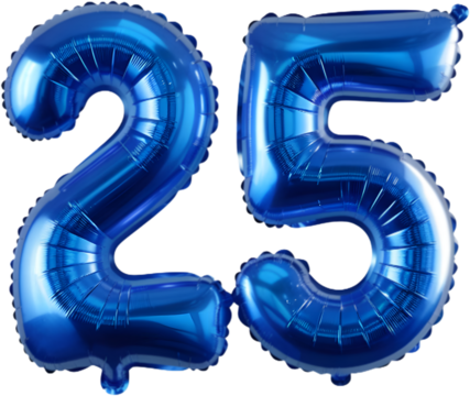 Realistic 3D blue number 25 twenty-fiveshaped balloon isolated on white or transparent background