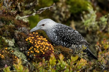 Fototapeta premium Photo of a great spotted bird perched on the edge of a body of water, with a green background featuring moss and berries, and small yellow leaves