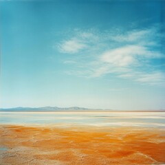 Obraz premium Expansive desert landscape with blue sky and distant mountain range