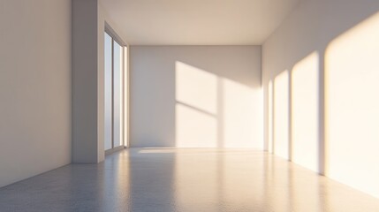 Fototapeta premium Sunny empty room, concrete floor, large window, modern design, real estate