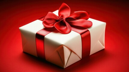 Obraz premium A Beautifully Wrapped Gift with a Red Ribbon on Red Background