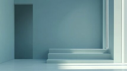 Obraz premium Minimalist blue room interior, steps, sunlight, product display