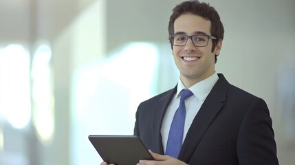 Fototapeta premium Smiling businessman holding tablet, office background, corporate portrait