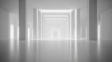 Obraz premium Bright, futuristic hallway; glowing white; architectural; presentation background