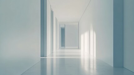 Fototapeta premium Sunlit Minimalist Corridor, Modern Building Interior, Architectural Design, Empty Space, Background Light