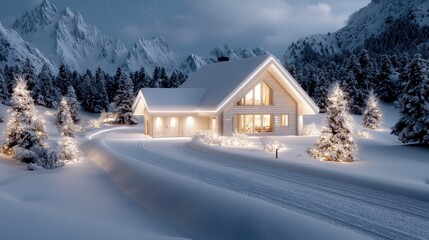 Snowy mountain chalet, Christmas lights, winter landscape, holiday home rental