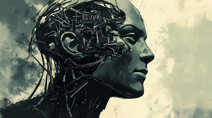 Conceptual art piece of a bionic human with cybernetic enhancements. Cybernetic Enhancements. Illustration