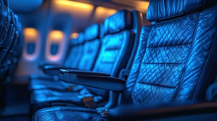Airplane cabin seats, night flight, blue lighting, travel