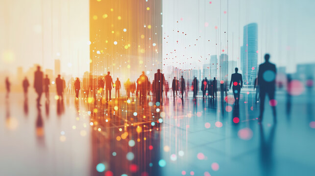 abstract professional business team people connection of line from nail node to node on cityscap and skyline background , innovation networking concept