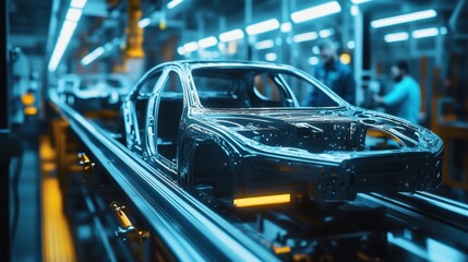 Obraz premium High tech automotive assembly line featuring robotic machinery crafting car frames in a futuristic factory setting. Engineers supervise the process, highlighting advanced manufacturing technology