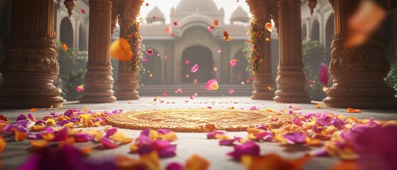 Indian Holi Floral Petal Rain with Golden Mandala and Floating Holi Powder in a Luxurious Courtyard. Copy space. Generative AI
