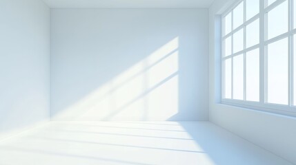 Obraz premium Sunny empty room, white walls, large window, sunlight, interior design