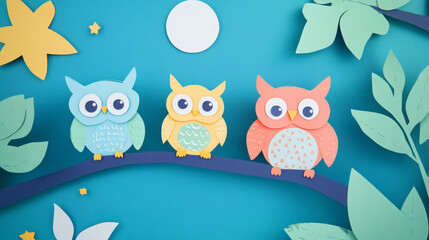 Fototapeta premium Colorful paper owls on branch with leaves and stars in whimsical scene