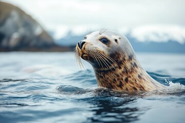 A group of fur seals swims and bathes in calm waters, surrounded by a stunning natural landscape with faded colors and distant mountains