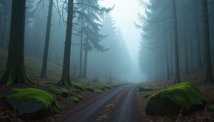 Obraz premium Misty Forest Path with Mossy Rocks and Swaying Trees