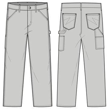 Loose Fit Eddie Carpenter Jeans Front and Back Fashion Illustration, Vector, CAD, Technical Drawing, Flat Drawing, Template, Mockup.