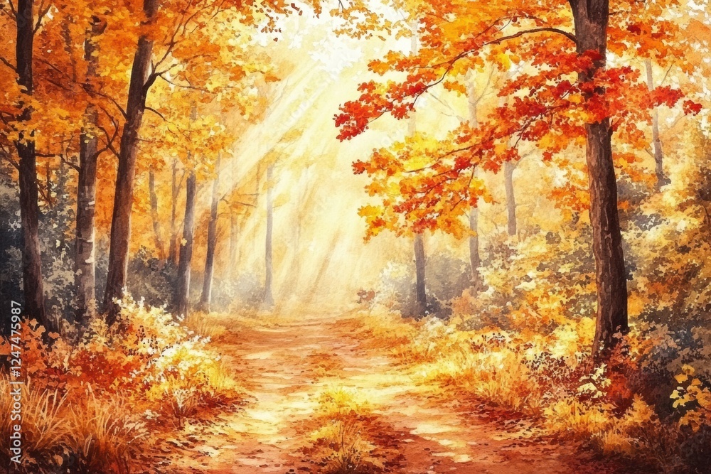 Fototapete Bright forest path in autumn with golden leaves and warm sunlight filtering through trees. Generative AI