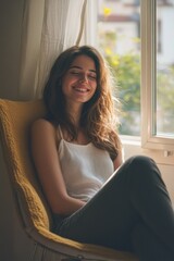 Obraz premium Relaxed Female Sitting by Window