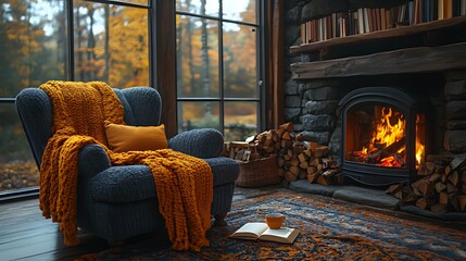 Cozy autumn armchair by fireplace, forest view, relaxation