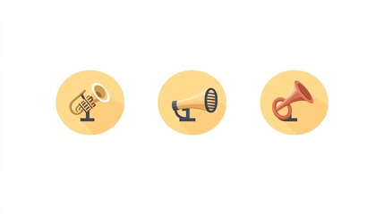 Naklejka premium Three flat design icons of musical instruments a tuba, a megaphone, and a horn.