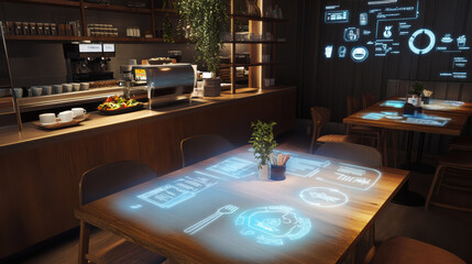modern cafe featuring IoT enabled tables that display interactive menus and information. warm wooden decor and digital elements create cozy yet innovative atmosphere