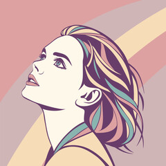 Portrait of a beautiful woman. Elegant female profile in pastel colors. Flat illustration in retro style.