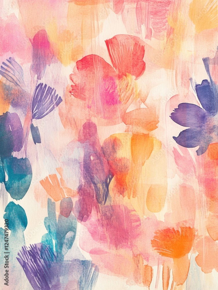 Poster bright abstract watercolor illustration filled with colorful floral patterns and soft hues in a ligh