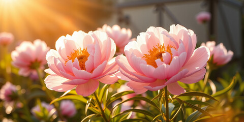 Obraz premium Pink peonies blooming in sunlight