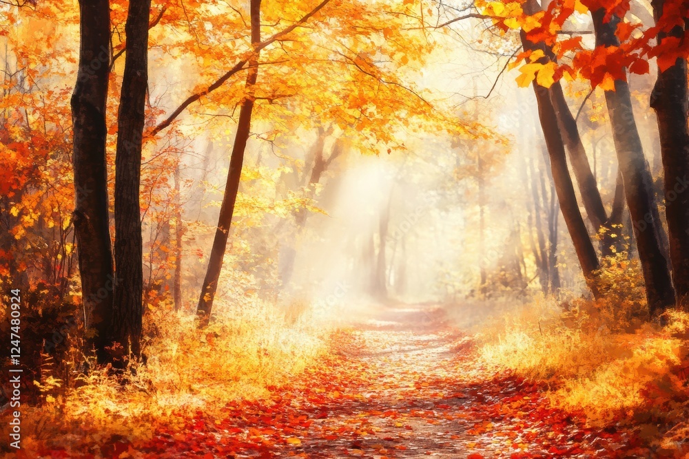 Poster Autumn morning light filtering through trees along a forest path covered in golden leaves. Generative AI