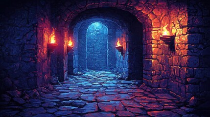 Pixel Art Dungeon Corridor with Torches