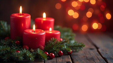 Festive Red Christmas Candles on Wooden Table with Evergreen Wreath and Bokeh Lights Background | Holiday Season Decoration, Warm and Cozy Ambiance Photography