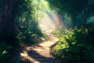 A wooden pathway winding through a lush green forest with sunlight filtering through trees