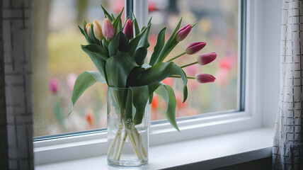 Tulip flowers in a vase on a windowsill.