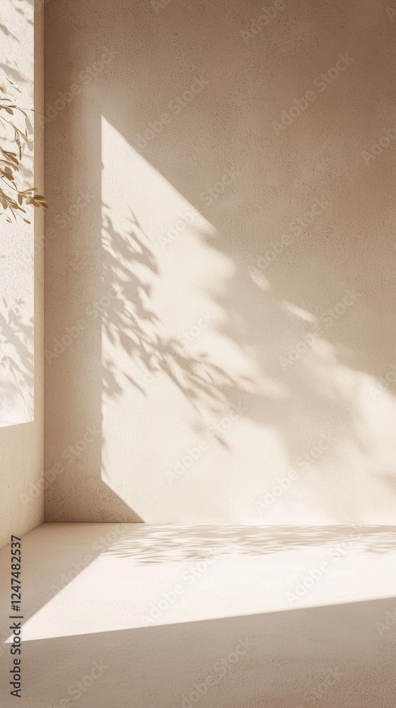 Poster natural light filters through a window, casting gentle shadows on the smooth, neutral-toned walls an