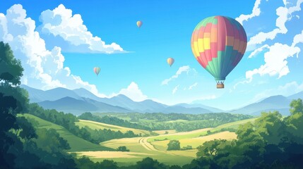 Obraz premium Colorful hot air balloons float over a vast green landscape