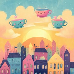 Fototapeta premium Three cheerful teacups float above a whimsical colorful cityscape