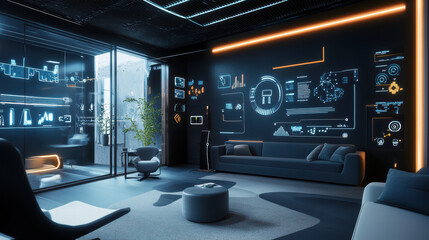 futuristic office space featuring IoT devices, sleek furniture, and digital displays. modern design creates innovative atmosphere, enhancing productivity and collaboration