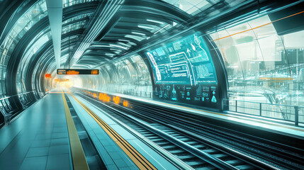 Obraz premium futuristic train station featuring advanced IoT screens, sleek architecture, and illuminated tracks creates vibrant atmosphere for travelers
