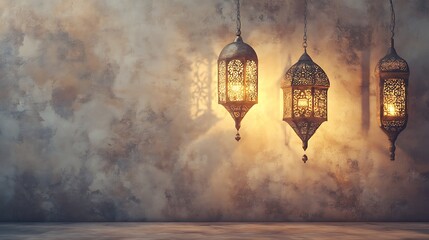 Illuminated Moroccan Lanterns Hanging Against a Wall