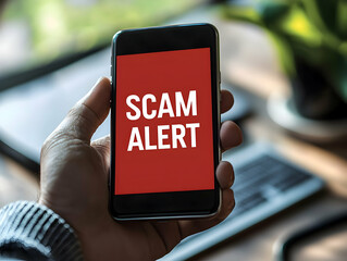 Scam alert on phone, office background, fraud awareness