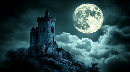 Ancient Stone Tower Under a Full Moon at Night
