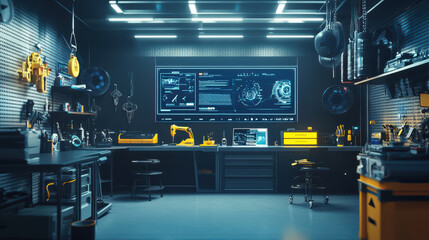 high tech workshop featuring smart tools and project management displays, showcasing organized workspace with advanced technology and efficient design