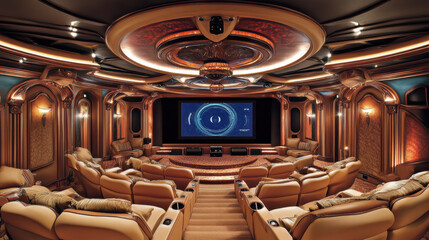 Luxurious home theater with smart projectors, plush seating, and elegant decor. ambiance creates perfect environment for immersive movie experience