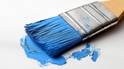 Spot of blue oil paint and art brush on white canvas