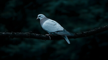 Pale dove perched on branch in dark forest