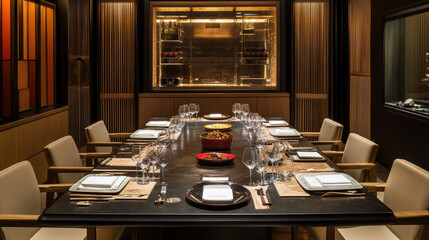 modern dining area featuring large table set with elegant tableware, surrounded by stylish chairs. warm lighting and sophisticated decor create inviting atmosphere for gatherings